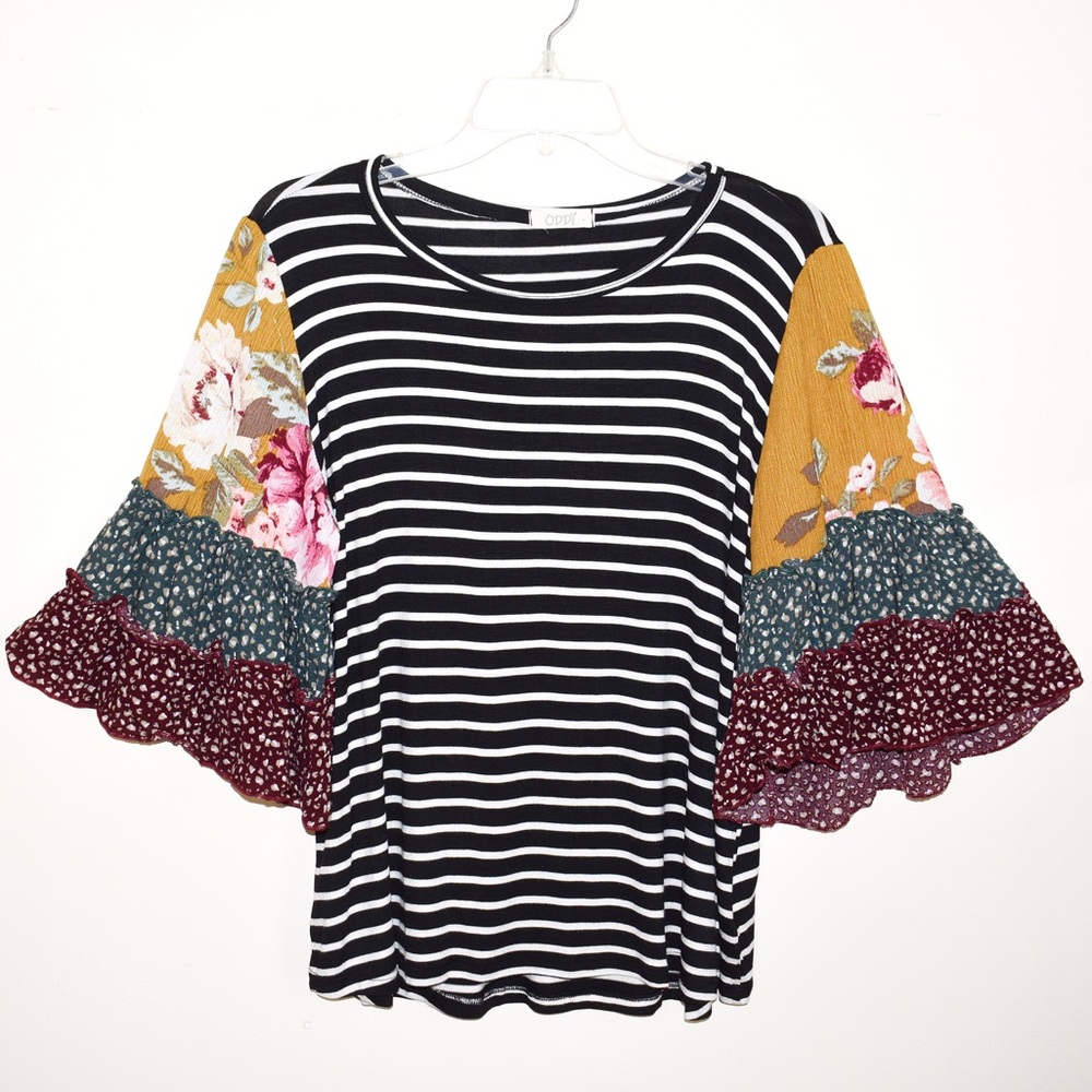 Boutique ODDY Striped Multi Print Tiered Sleeve Top